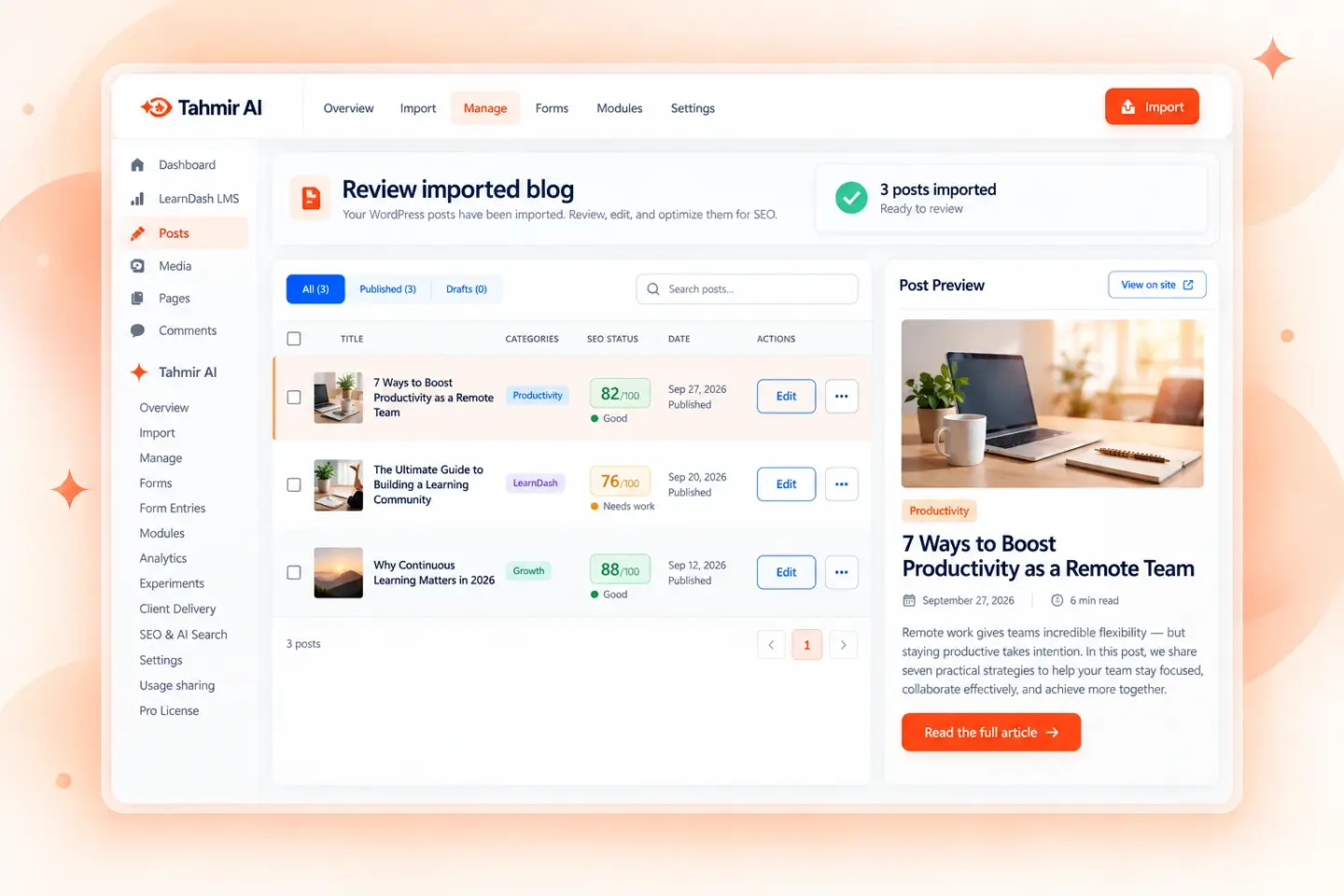 Illustration of an imported blog inside a Tahmir WordPress site