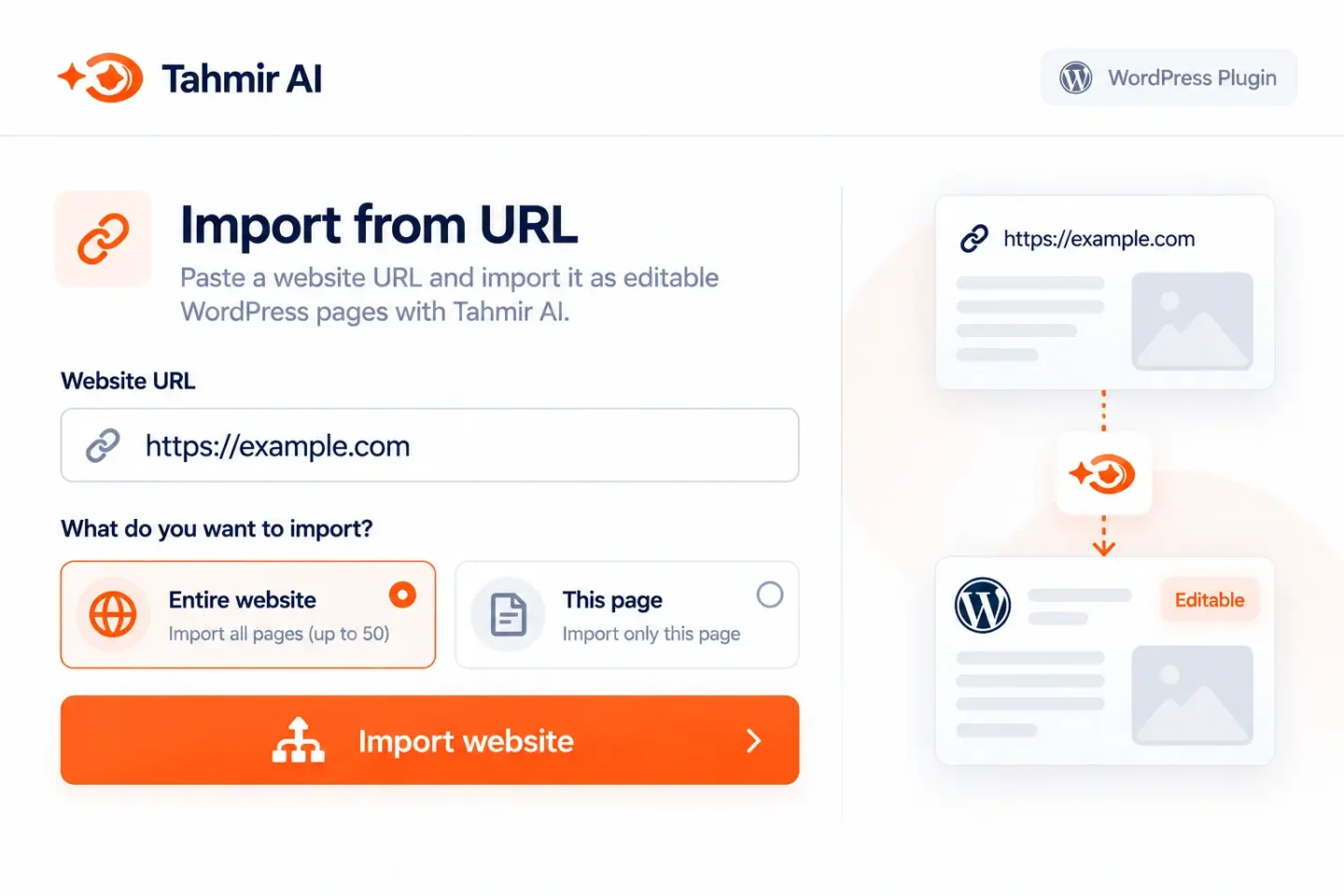 Tahmir URL import workflow with website and single-page choices