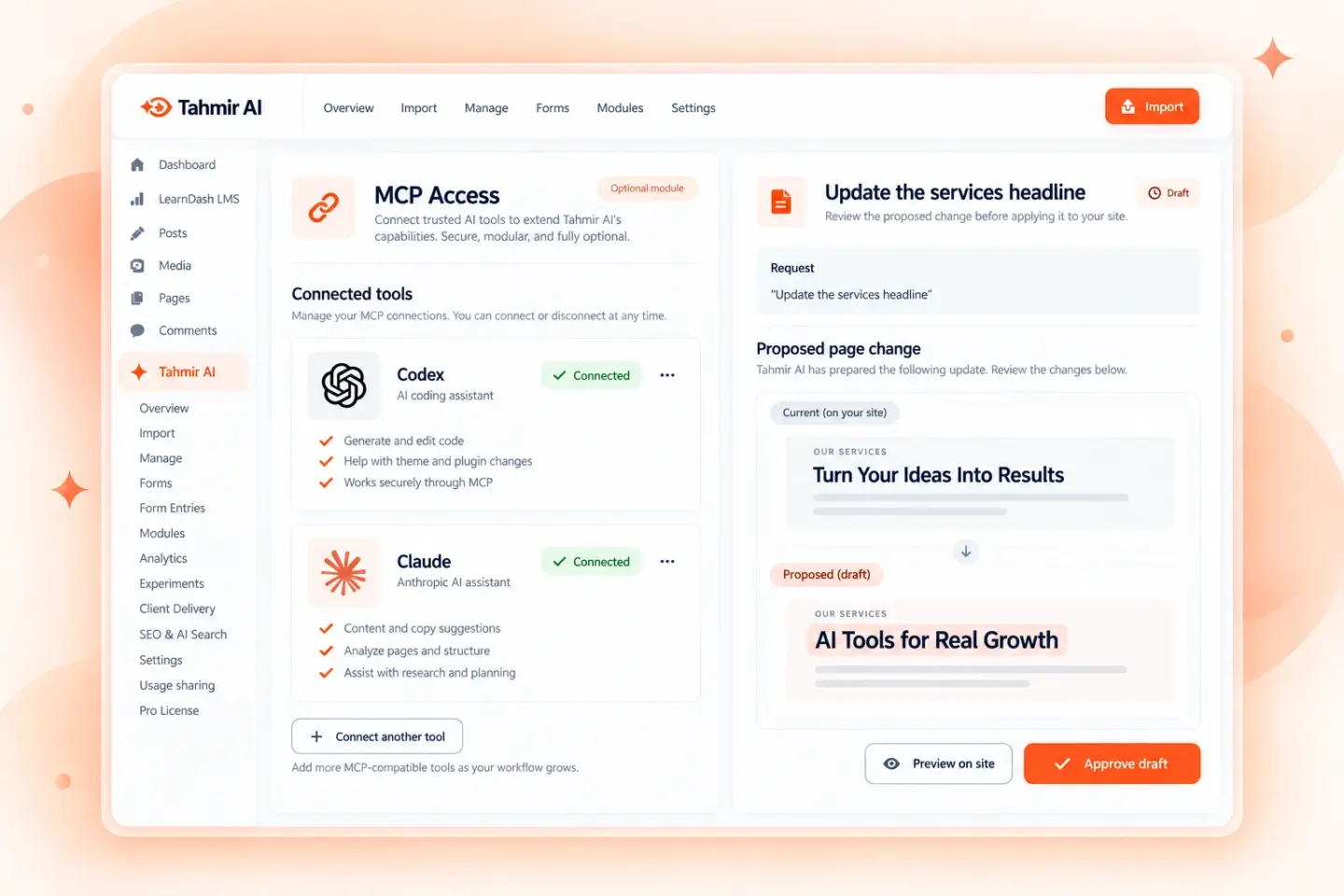 Illustration of optional Tahmir MCP access and reviewable draft changes