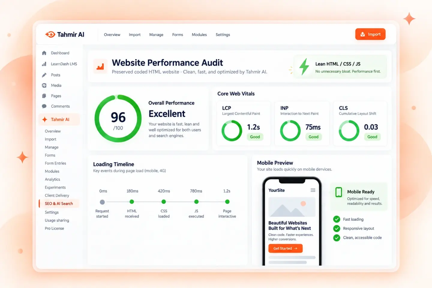 Illustrative speed audit with performance and Core Web Vitals